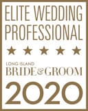 The image is a badge reading "Elite Wedding Professional" with five stars, "Long Island Bride & Groom 2020."