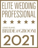 The image shows a badge that reads "Elite Wedding Professional," with five stars, "Long Island Bride & Groom," and the year "2021."