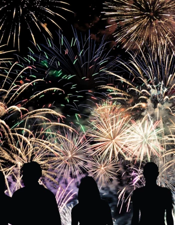 A silhouetted group watches a vibrant fireworks display explode against the night sky, illuminating the scene with colorful bursts of light.