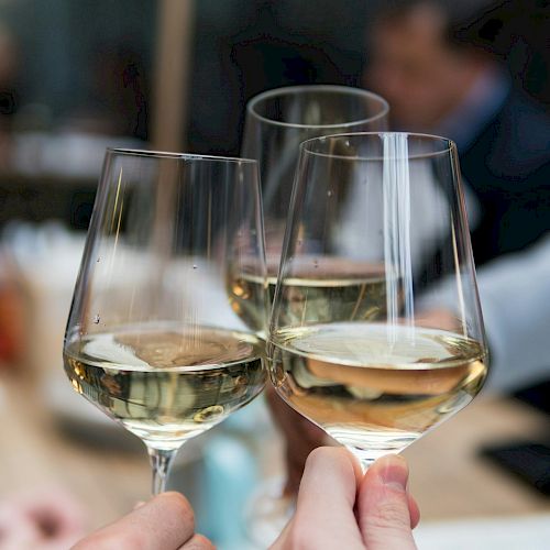 People toasting with glasses of white wine, suggesting a celebratory occasion, with a blurred indoor setting in the background.