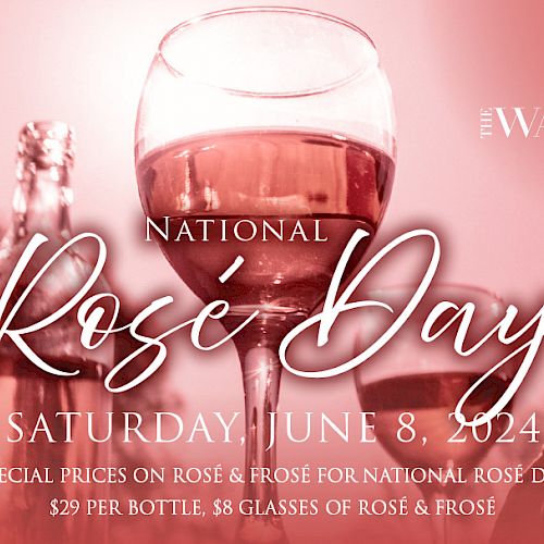 An advertisement for National Rosé Day on June 8, 2024, with special prices for rosé: $29 per bottle, $8 per glass, held at The Waterview.