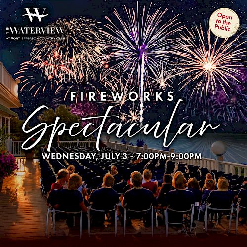 The image features a fireworks event poster for 