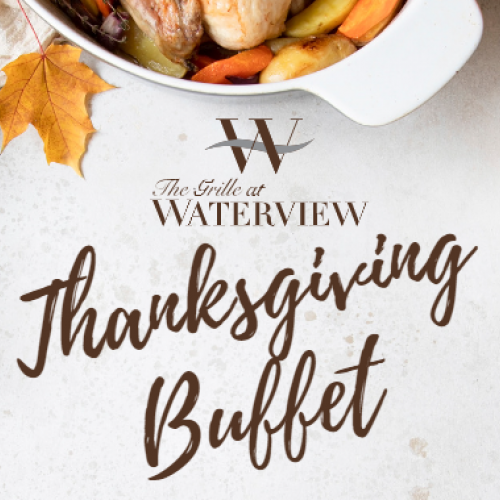 The image features publicity for a "Thanksgiving Buffet" by "The Grille at Waterview," showcasing a dish of food and autumn leaves.