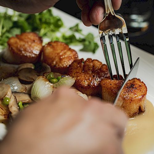 The image shows hands using a fork and knife to cut into seared scallops served with sautéed vegetables and a green garnish on a white plate.