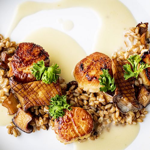 The image shows a gourmet dish with seared scallops, grains, mushrooms, and a creamy sauce, garnished with fresh parsley on a white plate.