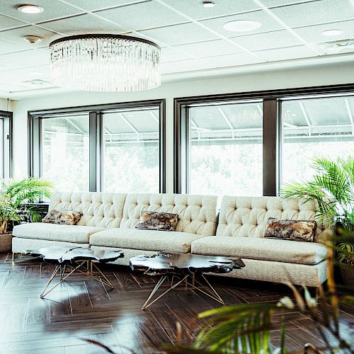 A cozy lounge area with a large tufted sofa, several plants, a chandelier, and windows providing natural light, creating a relaxing atmosphere.